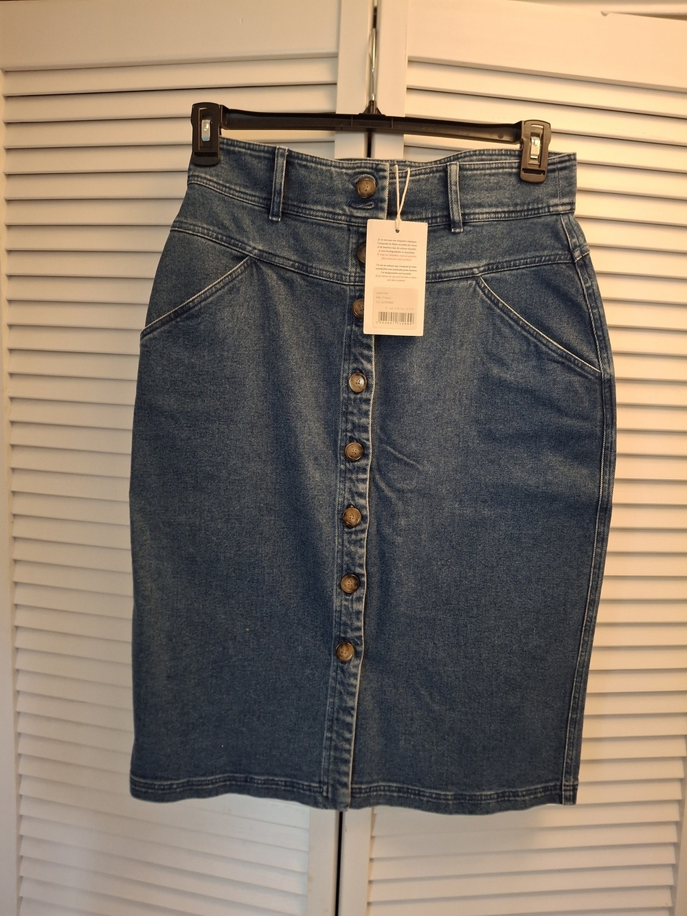 Sezane Jona Button-Front Pencil Skirt in Denim Blue
